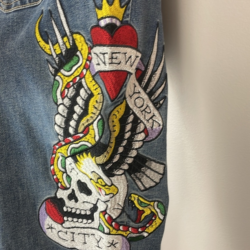 NWT ED HARDY Vintage Y2K Slim Flare Women Jeans Denim SZ 34 Stretch Skull NYC - Picture 5 of 15
